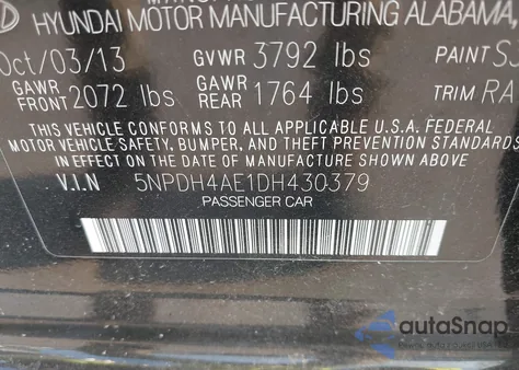 2013 Hyundai Elantra Gls from USA, damaged, VIN 5NPDH4AE1DH430379